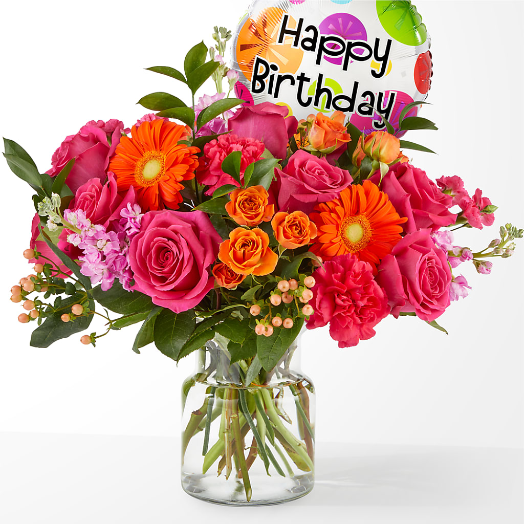Fiesta Bouquet with Birthday Balloon – Flowers From The Heart Auburn, Auburn MI