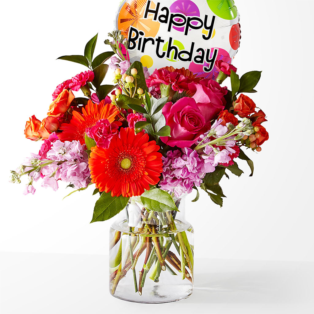 Fiesta Bouquet with Birthday Balloon – Flowers From The Heart Auburn, Auburn MI