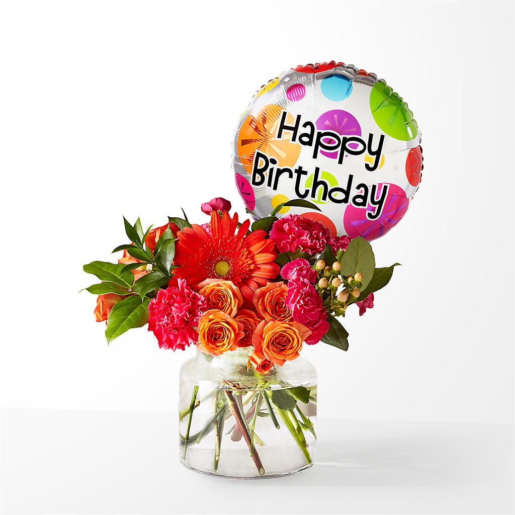 Fiesta Bouquet with Birthday Balloon – Flowers From The Heart Auburn, Auburn MI
