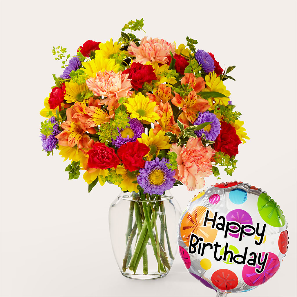 Kaleidoscope Bouquet with Birthday Balloon – Flowers From The Heart Auburn, Auburn MI