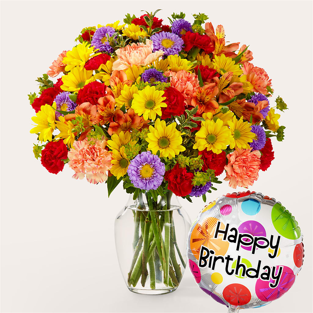 Kaleidoscope Bouquet with Birthday Balloon – Flowers From The Heart Auburn, Auburn MI