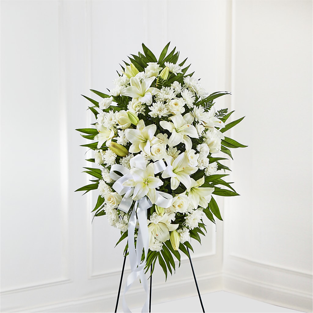 Exquisite Tribute Standing Spray-White Ribbon – Flowers From The Heart Auburn, Auburn MI