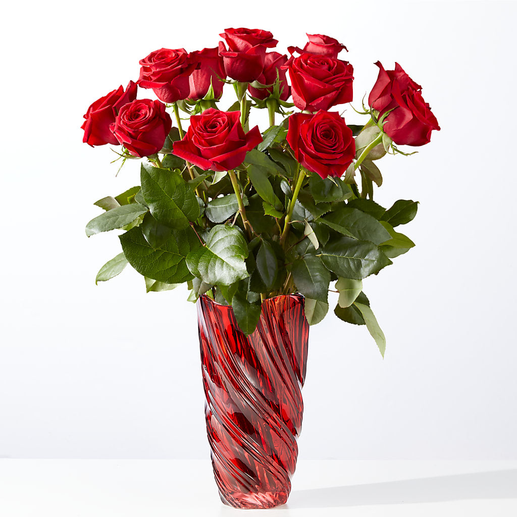 Classic Love Red Rose Bouquet with Luxe Swirl Vase – Flowers From The Heart Auburn, Auburn MI