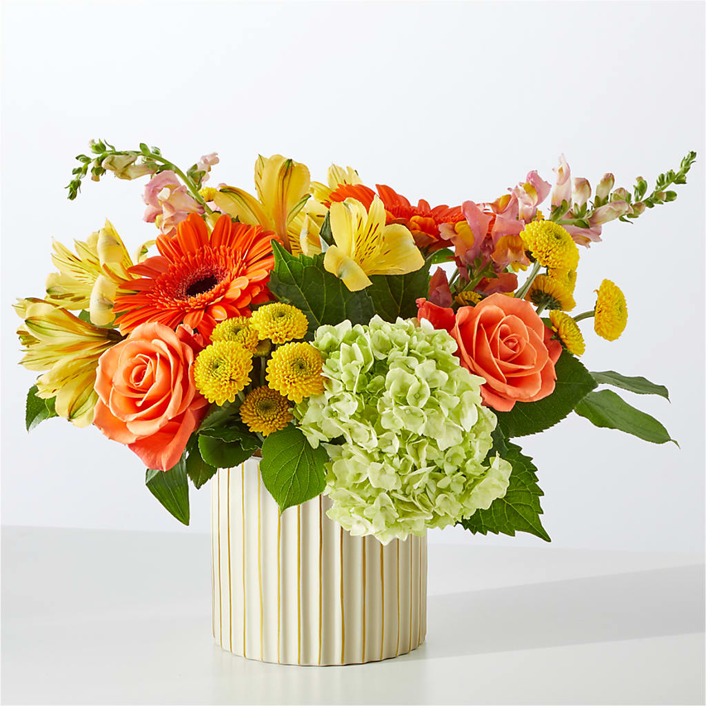 Autumn Sunshine Bouquet with Ivory Vase –  Flowers From The Heart Auburn, Auburn MI