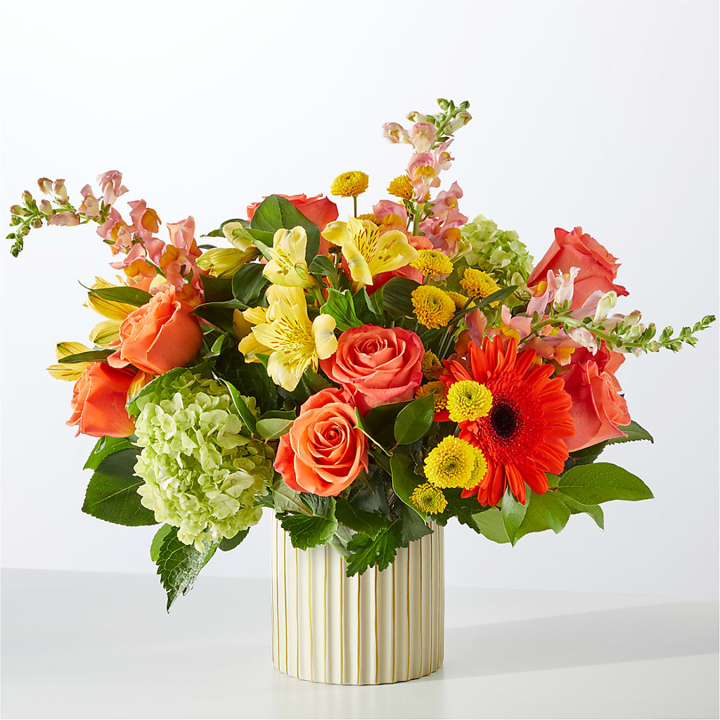 Autumn Sunshine Bouquet with Ivory Vase –  Flowers From The Heart Auburn, Auburn MI