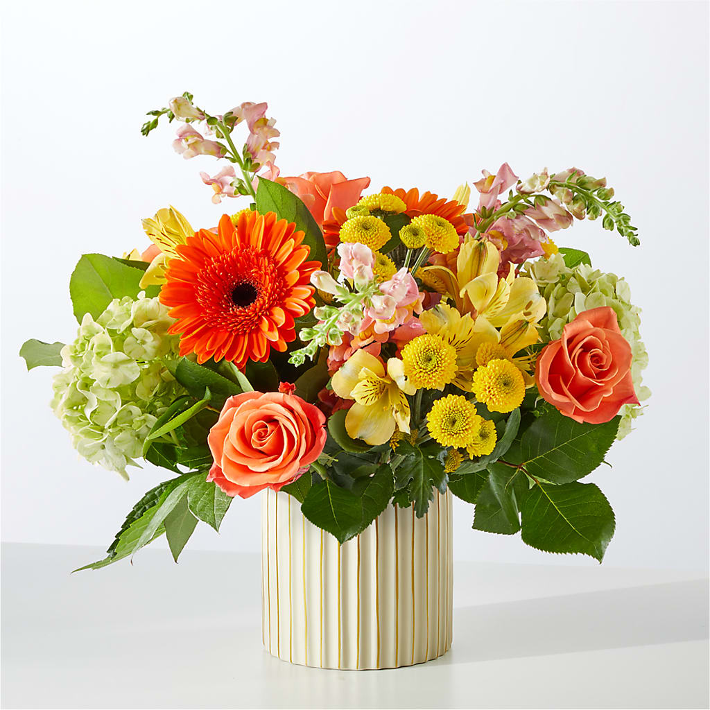 Autumn Sunshine Bouquet with Ivory Vase –  Flowers From The Heart Auburn, Auburn MI
