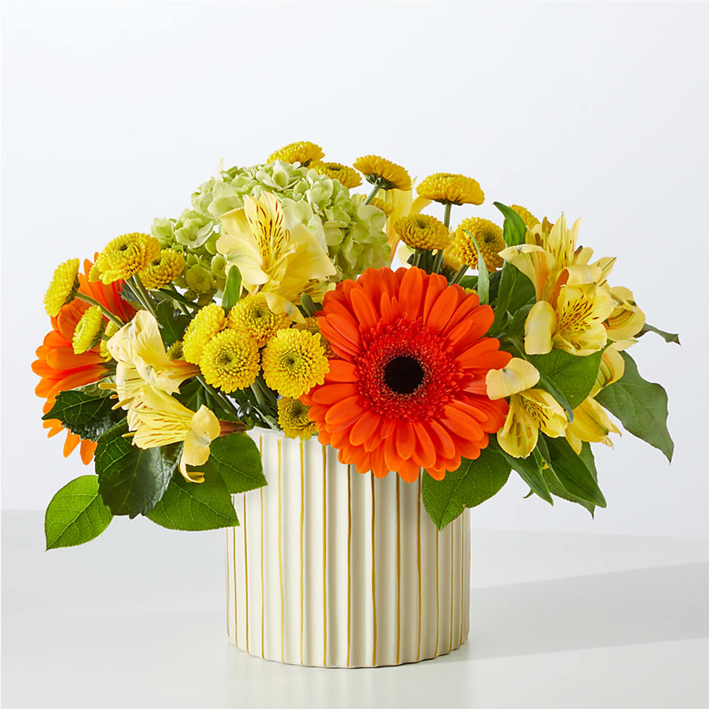 Autumn Sunshine Bouquet with Ivory Vase –  Flowers From The Heart Auburn, Auburn MI